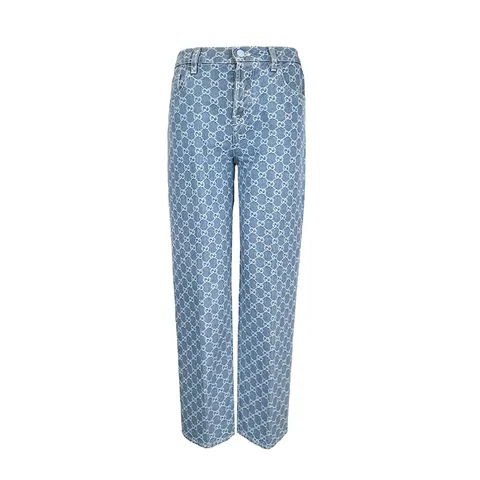 Gucci Blue Denim White GG Jacquard Straight Jeans 26 - 1