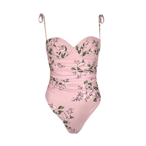 Agua Bendita Pink Rabano Wisteria Bead Embellished Floral Print Recycled Swimsuit Pareo Set S - 1