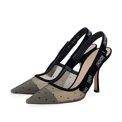 Christian Dior Black Beige Polka Dot Mesh Suede Jadior Slingback Pumps 38 - 1