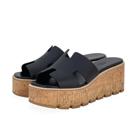 Hermes Noir Calfskin Eze Sandals 38 - 1