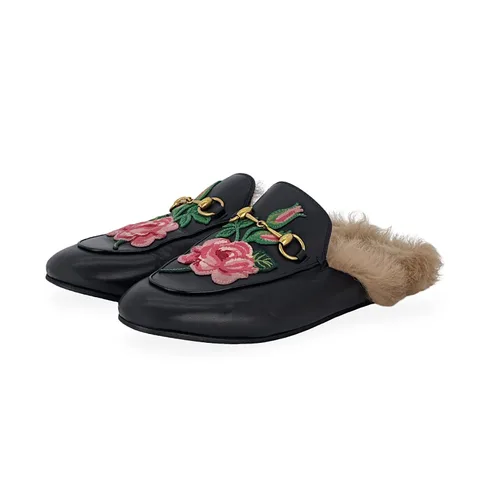 Gucci Black Leather Fur Princetown Floral Embroidered Mules 38.5 - 1