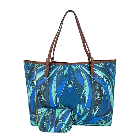 Emilio Pucci Blue Printed Coated Canvas Leather Tote Bag - 1