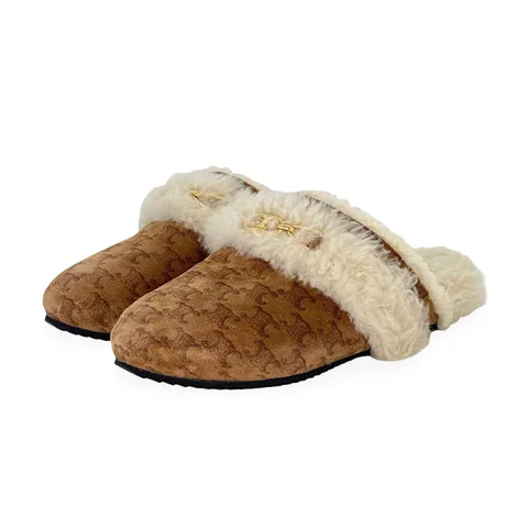 Celine Brown Suede Shearling Fur Triomphe Flat Mules 38 - 1