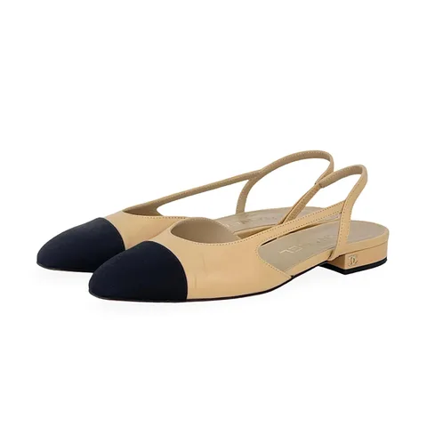 Chanel Black Beige Goatskin Grosgrain CC Logo Flat Slingbacks 37 - 1
