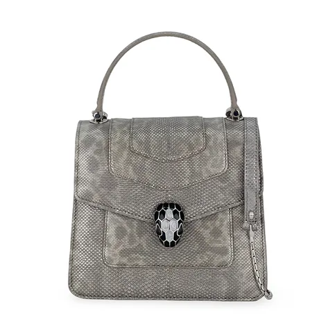 Bvlgari Silver Pearled Karung Leather Small Serpenti Forever Top Handle Bag - 1