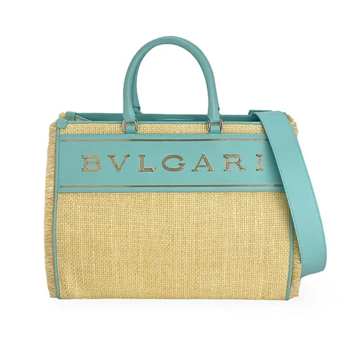 Bvlgari Beige Turquoise Leather Raffia Limited Edition Logo Tote Bag - 1