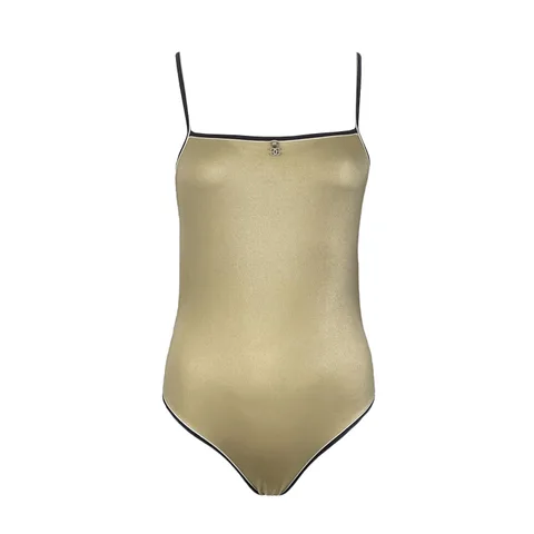 Chanel Gold Black Trim Crystal CC Logo One Piece 2025 Swimsuit 36 - 1