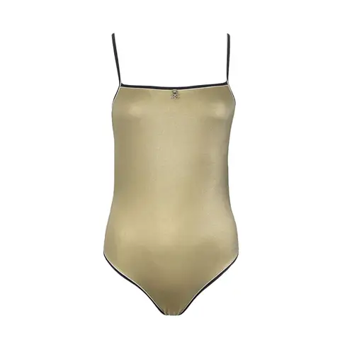 Chanel Gold Black Trim Crystal CC Logo One Piece 2025 Swimsuit 36