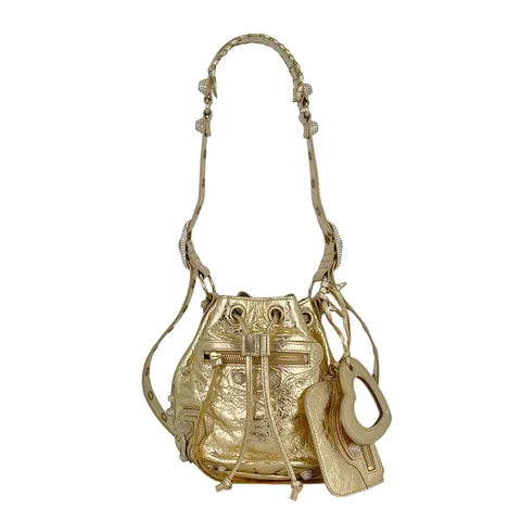 Balenciaga Metallic Gold Crinkled Lambskin Rhinestone Studs Le Cagole XS Bucket Bag
