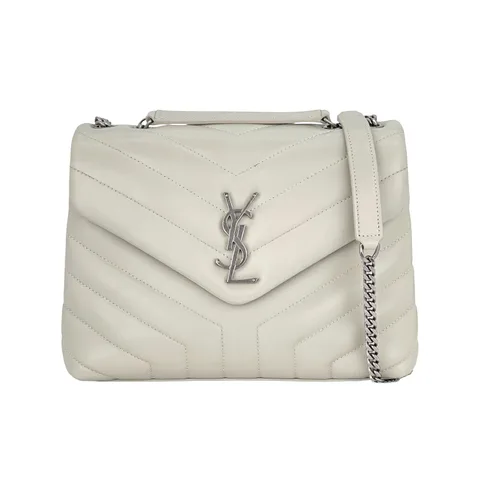 Saint Laurent Cream Quilted Leather Silver Hardware Small LouLou Shoulder Bag - 1