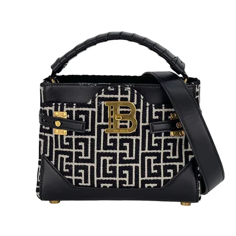 Balmain Black White Monogram Jacquard  B-BUZZ 22 Top Handle Bag - 1