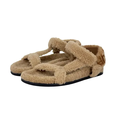 Fendi Beige Shearling Zucca FF Logo Ankle Strap Sandals 41