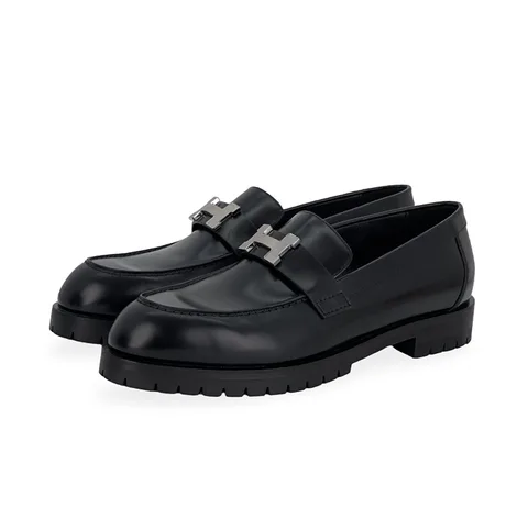 Hermes Noir Glazed Calfskin Palladium H Plated Faubourg Loafers 39.5