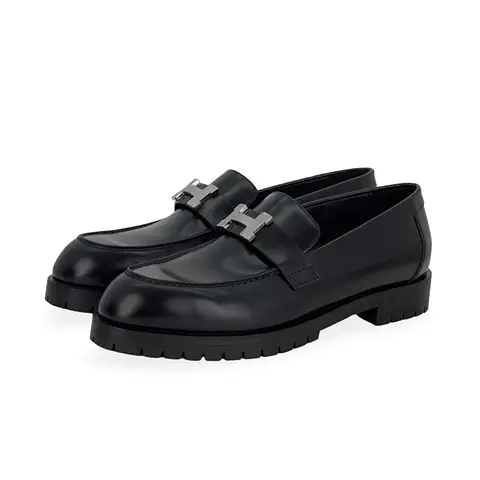 Hermes Noir Glazed Calfskin Palladium H Plated Faubourg Loafers 39.5