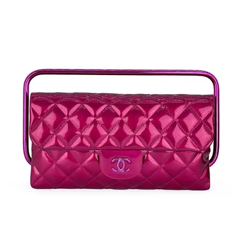 Chanel Fuchsia Quilted Patent Leather Hot Pink Metal Handle Clutch