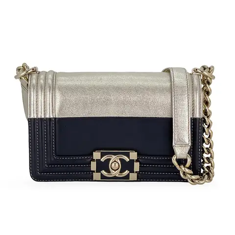 Chanel Black Metallic Gold Lambskin Small Boy Bag
