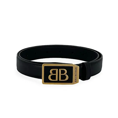 Balenciaga Black Leather Gold Logo Plaque Belt 80