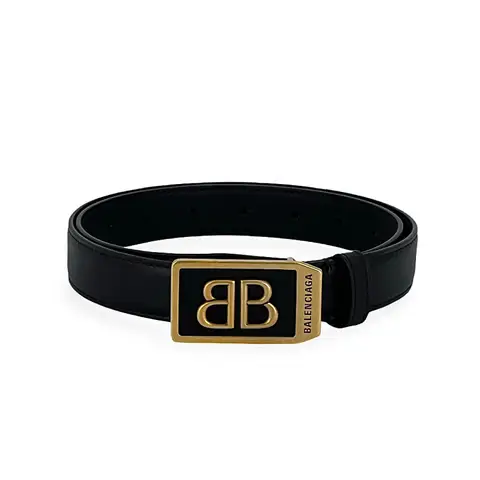 Balenciaga Black Leather Gold Logo Plaque Belt 80