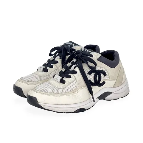 Chanel White Calfskin Suede CC Logo Mesh Sneakers 37.5