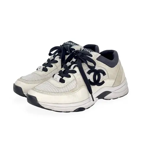 Chanel White Calfskin Suede CC Logo Mesh Sneakers 37.5