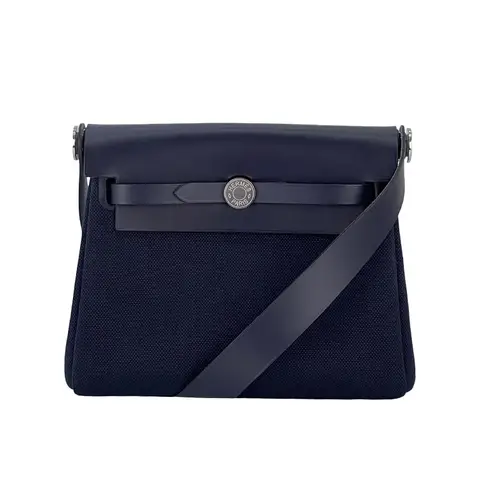 Hermes Militaire Canvas Vache Hunter Leather Palladium Hardware Bleu Indigo Herbag 20