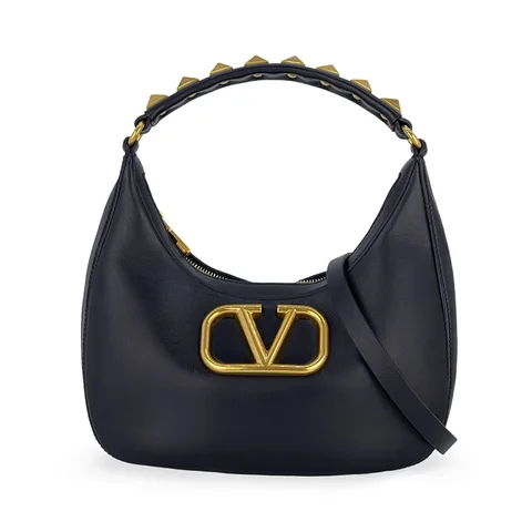 Valentino Black Leather Gold V Logo Romanstud Sign Bag