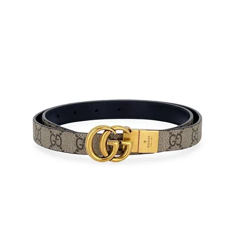 Gucci Beige Black GG Supreme Canvas Leather Reversible Gold Logo Belt 80