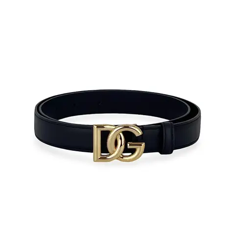 Dolce Gabbana Black Leather Light Gold DG Logo Belt 80