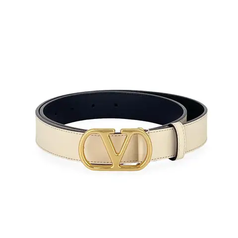 Valentino Ecru Leather Gold V Logo Belt 80