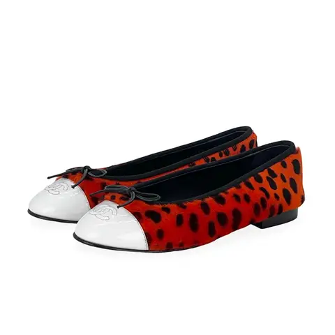 Chanel Orange Black White Pony Hair Lambskin Patent Calfskin Ballet Flats 39C