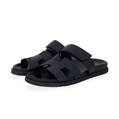 Hermes Noir Calfskin Chypre H Logo Sandals 40