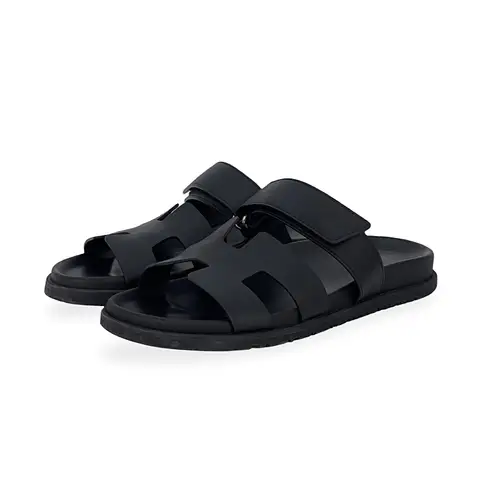 Hermes Noir Calfskin Chypre H Logo Sandals 40