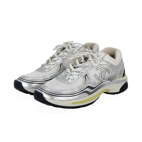 Chanel White Silver Fabric Laminated Calfskin CC Logo Sneakers 40