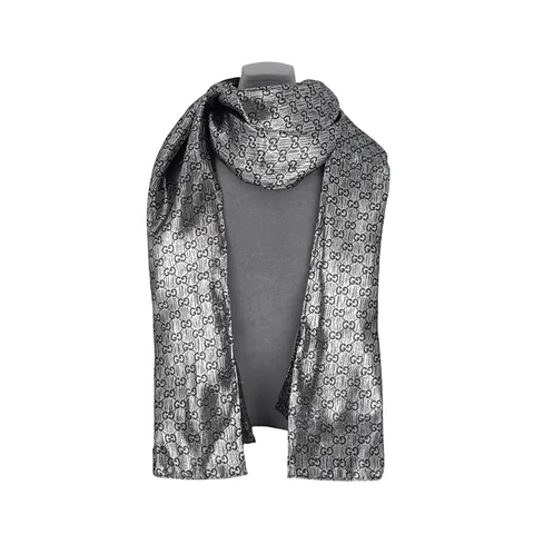 Gucci Metallic Silver Silk Lame GG Scarf