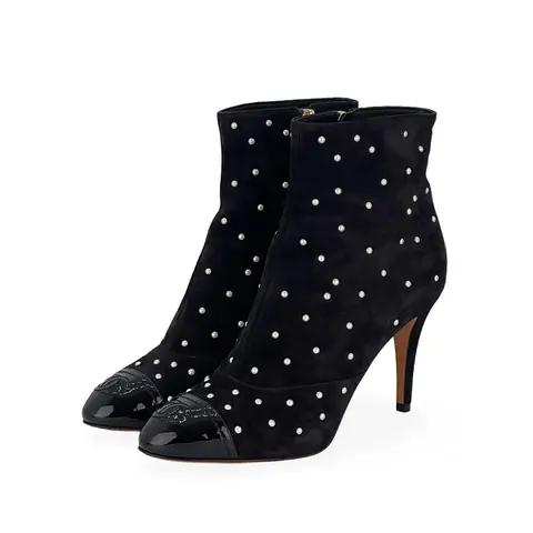 Chanel Black Suede Patent Cap Toe Pearl Polka Dot CC Heeled Ankle Boots 37.5C