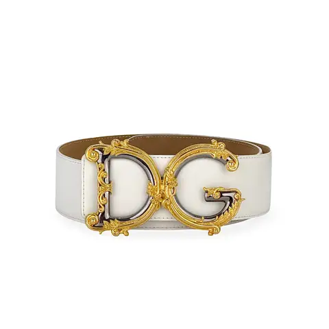 Dolce Gabbana White Leather Baroque DG Belt 75