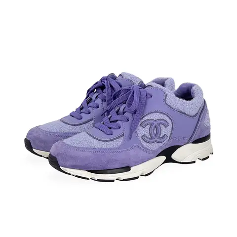 Chanel Lilac Leather Suede Wool CC Low Top Sneakers 39