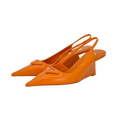 Prada Orange Brushed Calfskin Triangle Logo Pointed Toe Slingback Wedges 39