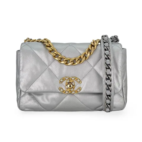 Chanel Metallic Silver Quilted Goatskin Small Flap 19 Bag