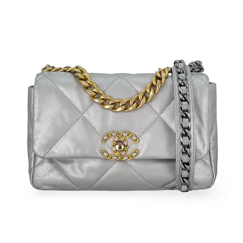 Chanel Metallic Silver Quilted Goatskin Small Flap 19 Bag