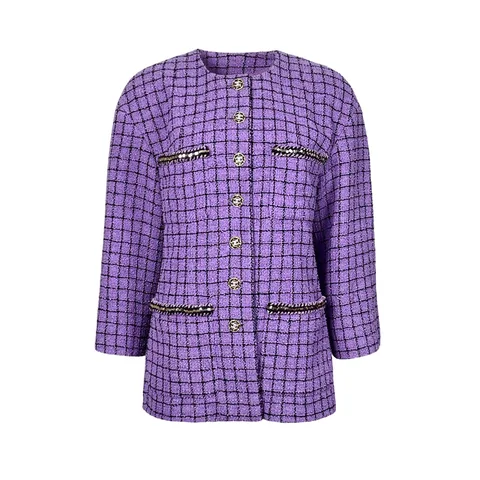 Chanel Lilac Cotton Tweed Plaid 4 Pockets 2022 Jacket 42