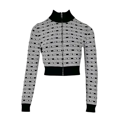 Miu Miu Black White Jacquard Logo Knit Crop Cardigan IT40 - 1