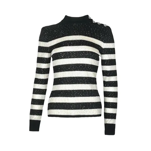 Balmain Black White Sequin Striped Sweater 38