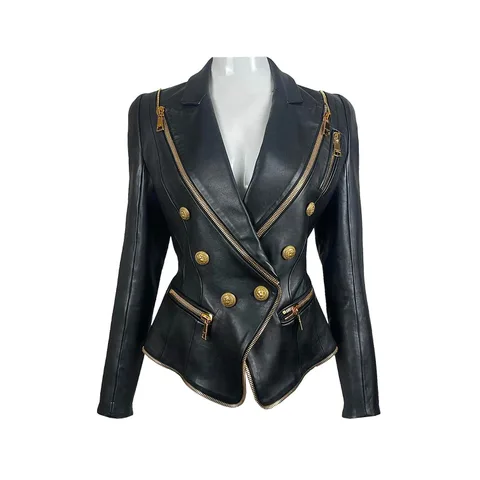 Balmain Black Lambskin Gold Button Double Breasted Zipped Jacket 36