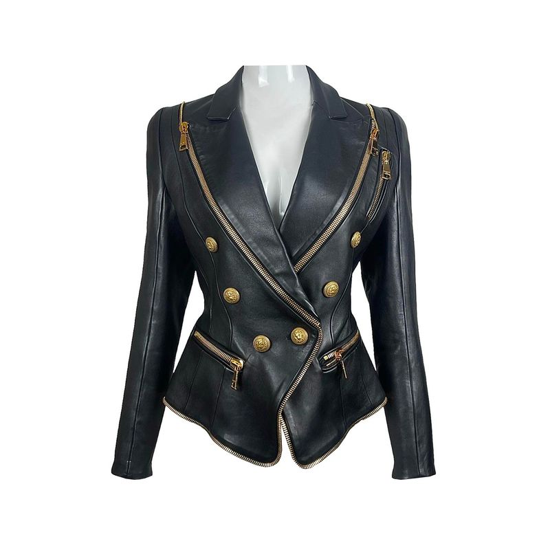 Balmain Black Lambskin Gold Button Double Breasted Zipped Jacket 36 - 1