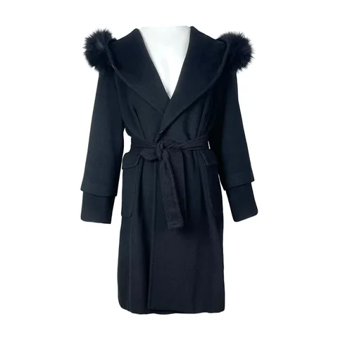 Max Mara Studio Black Wool Cashmere Fur Hooded Coat IT42 - 1
