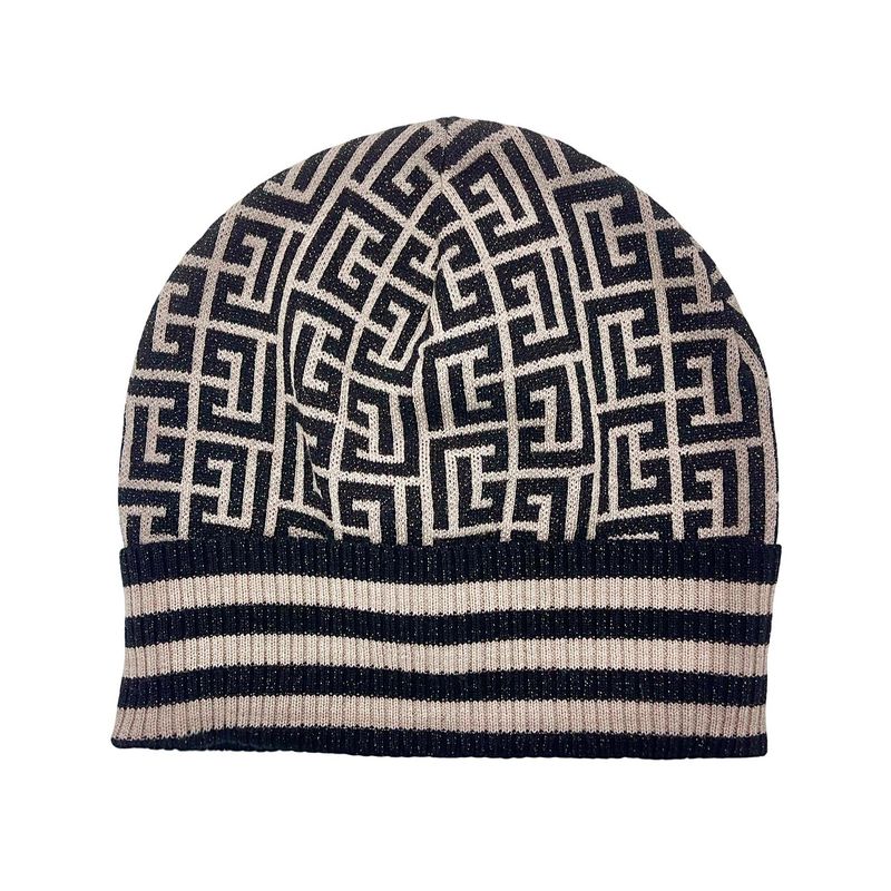 Balmain Black Beige Glitter Logo Jacquard Wool Beanie TU - 1