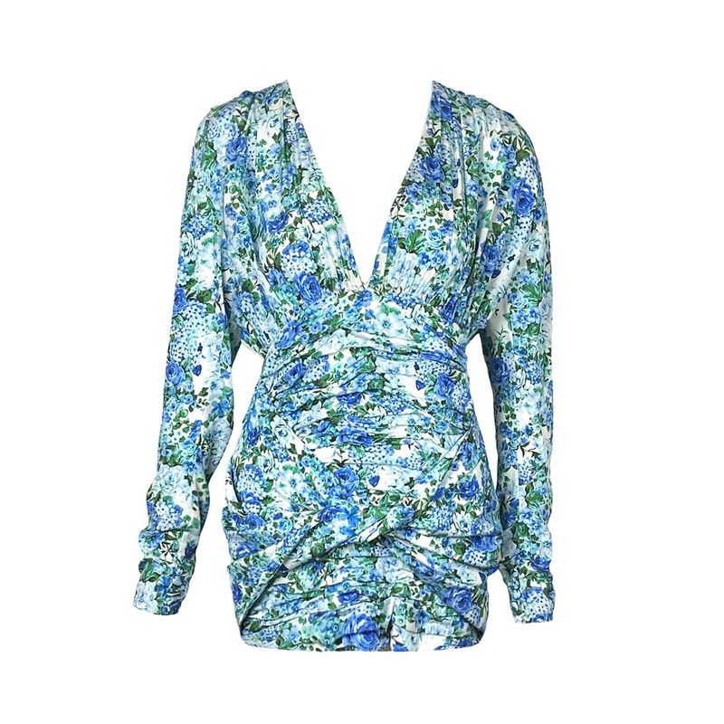 Magda Butrym Blue Floral Print Silk V Neck Mini Dress 36 - 1