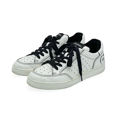 Chanel White Black Perforated Leather Logo Low Top Sneakers 37