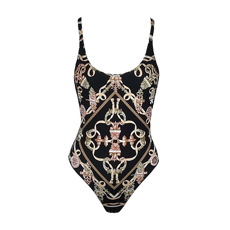 Hermes Noir Ferronnerie Remix Printed Jersey Grace Swimsuit 38 - 1